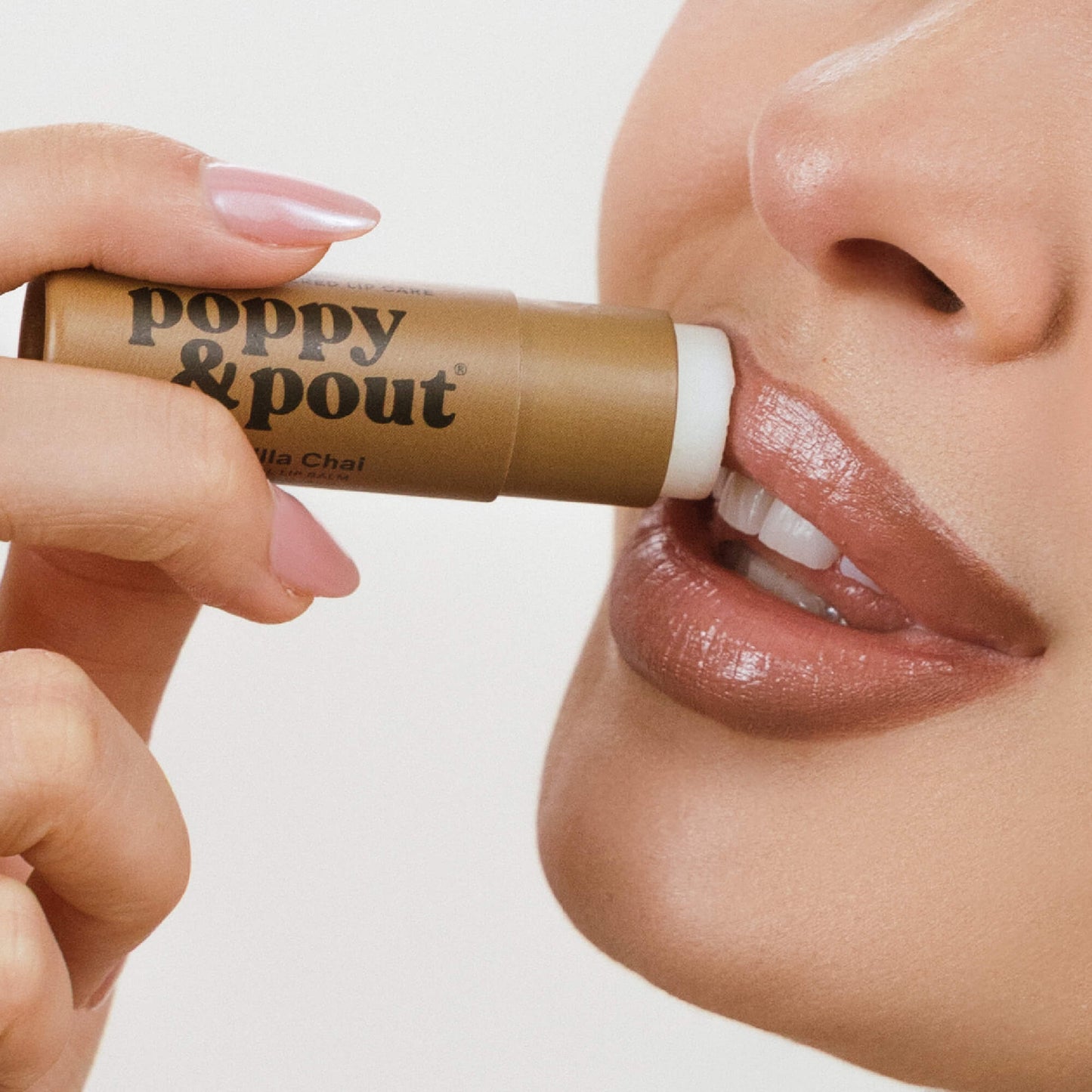 Close up Vanilla Chai Lip Balm on lips